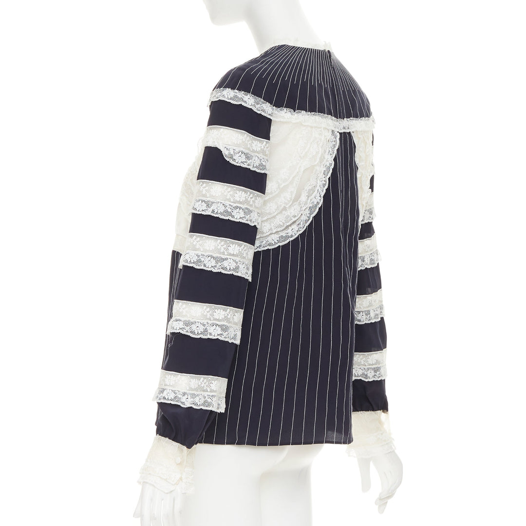 VALENTINO 2015 navy cream 100% silk pinstripe floral lace panelled top IT42 M