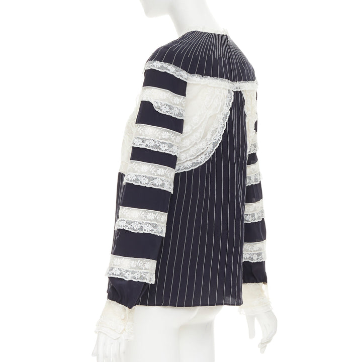 VALENTINO 2015 navy cream 100% silk pinstripe floral lace panelled top IT42 M