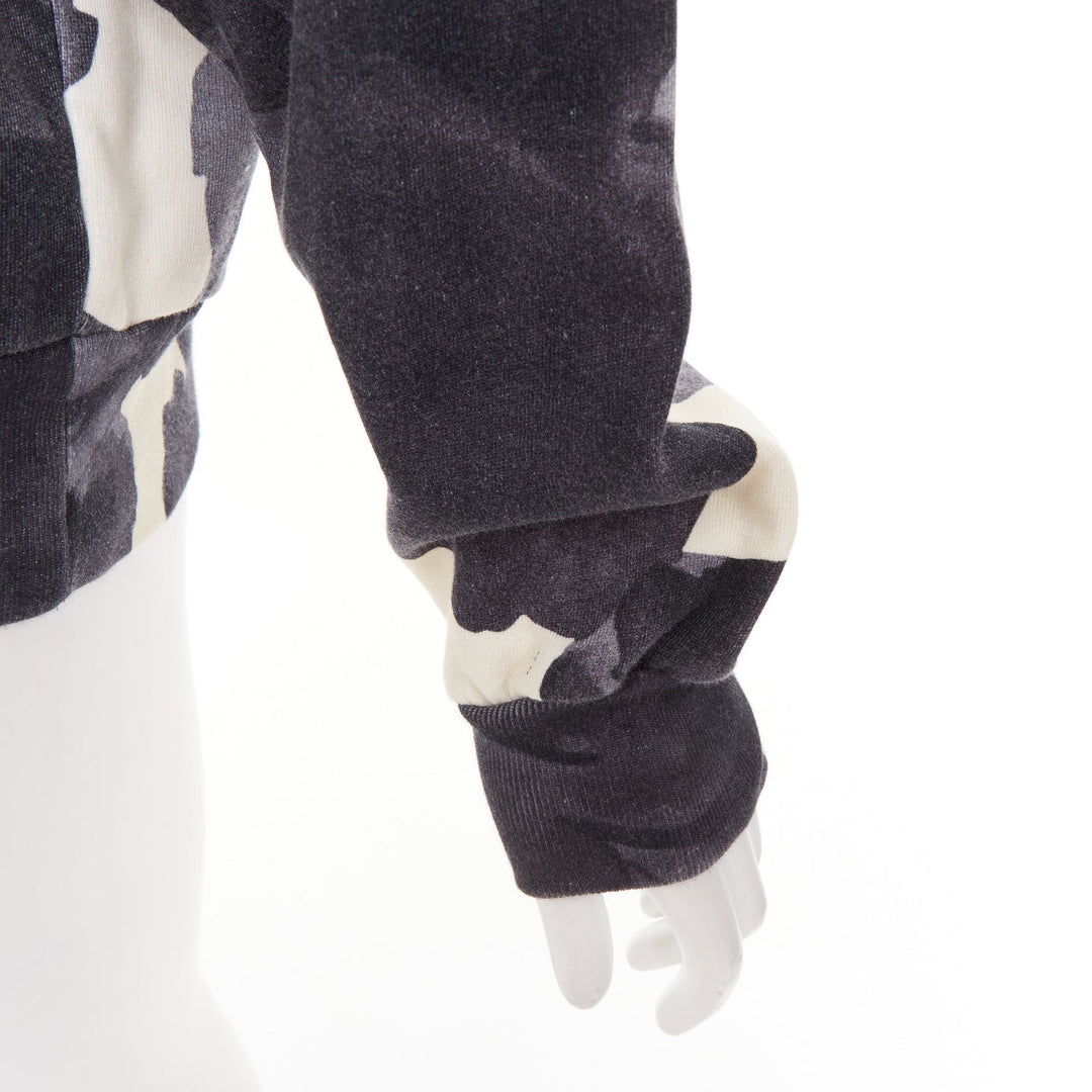 DRIES VAN NOTEN grey ivory cotton abstract rose print black drawstring hoodie S