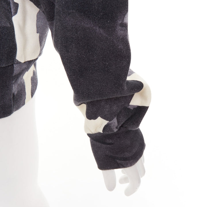 DRIES VAN NOTEN grey ivory cotton abstract rose print black drawstring hoodie S