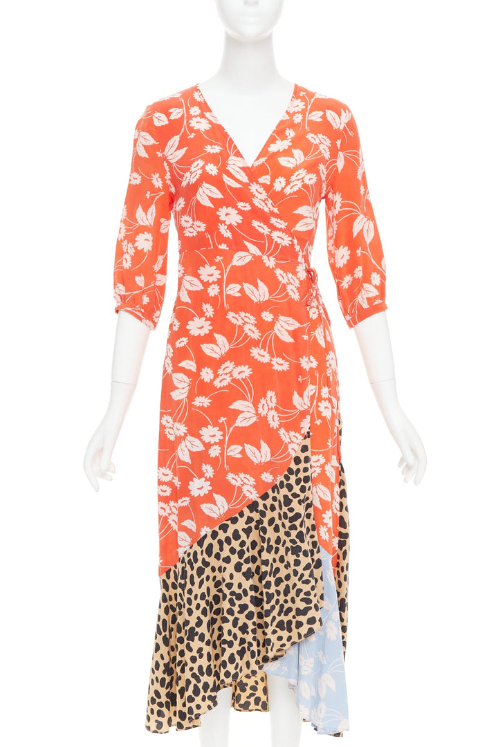 RIXO Noleen 100% silk coral red leopard floral print patchwork wrap dress S