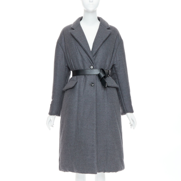 PRADA 2022 grey cashmere wool leather logo belt padded coat IT40 S
