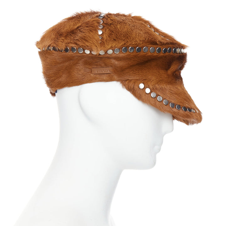 PRADA Runway cognac dyed calf fur silver studded cotton lined newsboy hat M