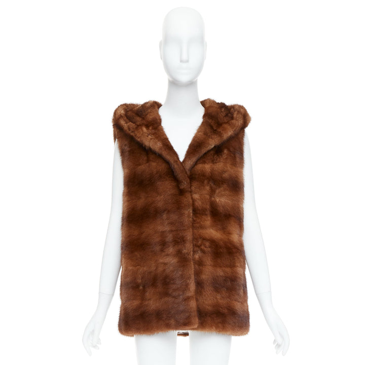 LUCIA PIERI brown real fur hooded patchwork tiered sleeveless vest