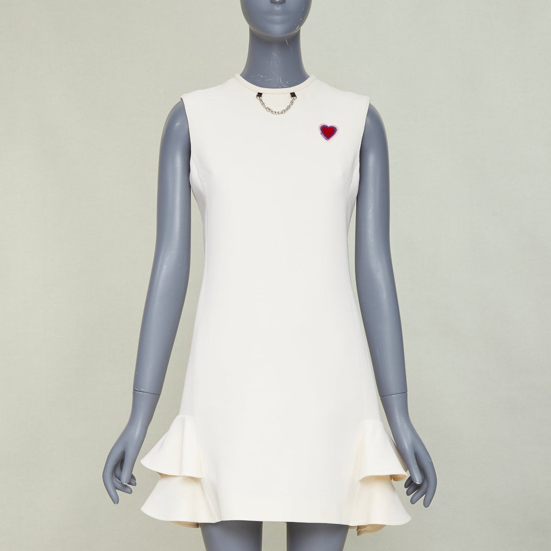 LOUIS VUITTON 2021 Game On ivory wool silk red Heart Logo ruffle dress FR36 S