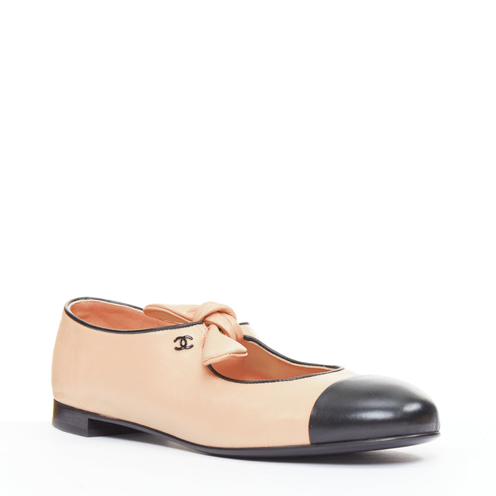CHANEL 2024 beige lambskin leather ribbon bow CC logo mary jane flats EU40