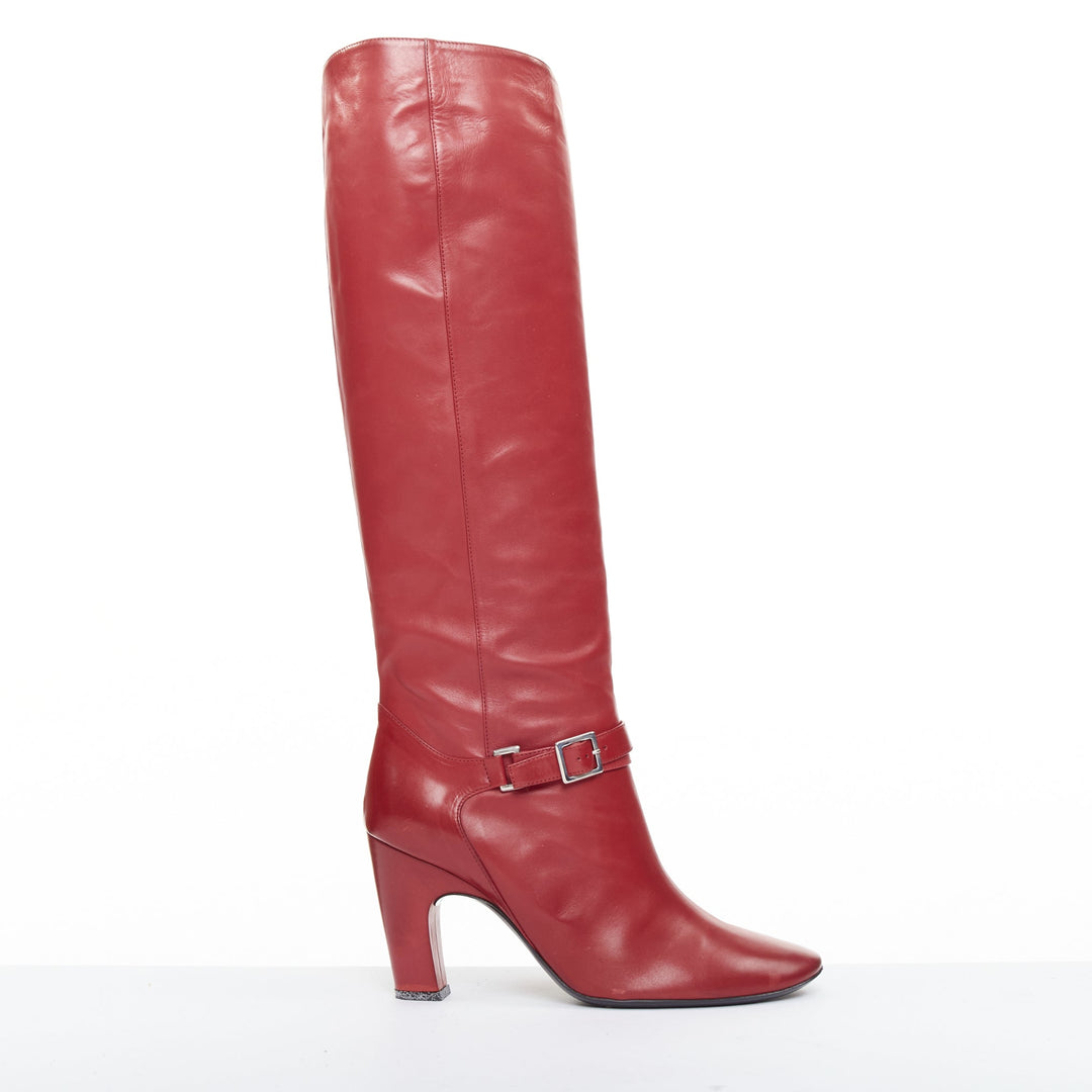 ROGER VIVIER red calfskin leather silver square buckles block heel boots EU37.5