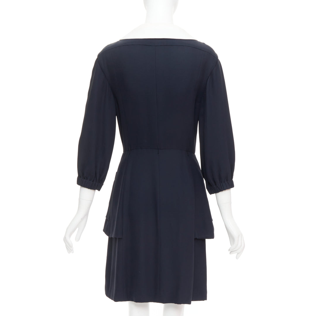 rare CHANEL 2015 Runway black silk white cotton collar trompe loeil dress FR36 S