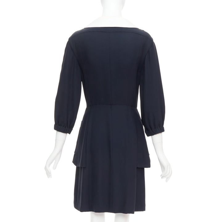 rare CHANEL 2015 Runway black silk white cotton collar trompe loeil dress FR36 S