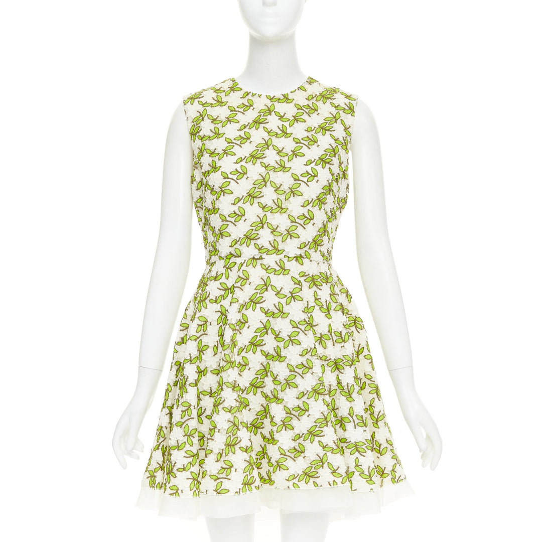 GIAMBATTISTA VALLI ivory green floral leaf embroidery anglais dress IT44 M