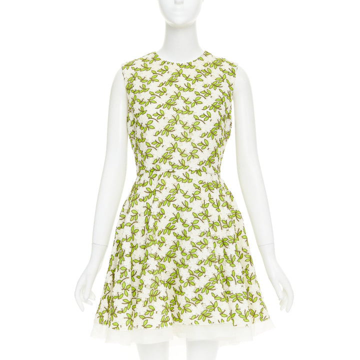 GIAMBATTISTA VALLI ivory green floral leaf embroidery anglais dress IT44 M