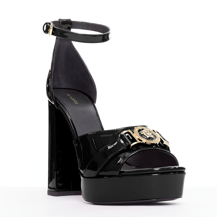 VERSACE Tribute black patent gold Medusa open toe platform sandal EU39