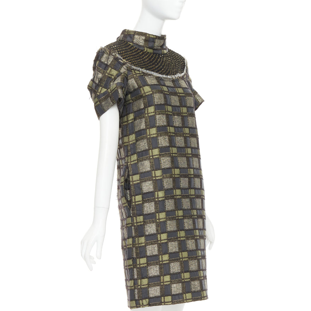 MARNI bronze grey embellished collar checked brocade dress IT36 XXS