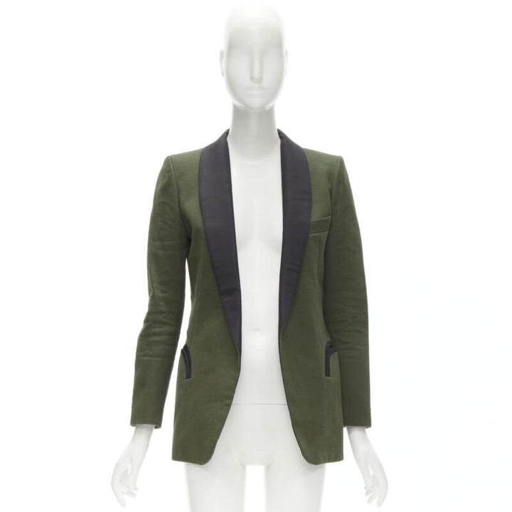 BLAZE MILANO Midnight Smoking khaki green cotton curved pocket shawl blazer S