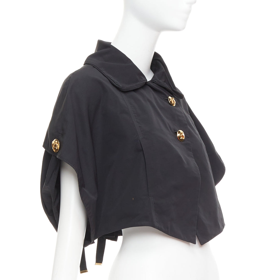 LOUIS VUITTON black georgette gold italic LV buttons cropped jacket FR34 XS
