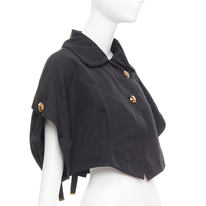 LOUIS VUITTON black georgette gold italic LV buttons cropped jacket FR34 XS