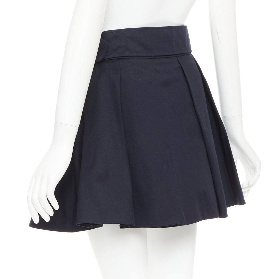 PATOU navy cotton front button box pleat belted flared mini skirt FR38 M