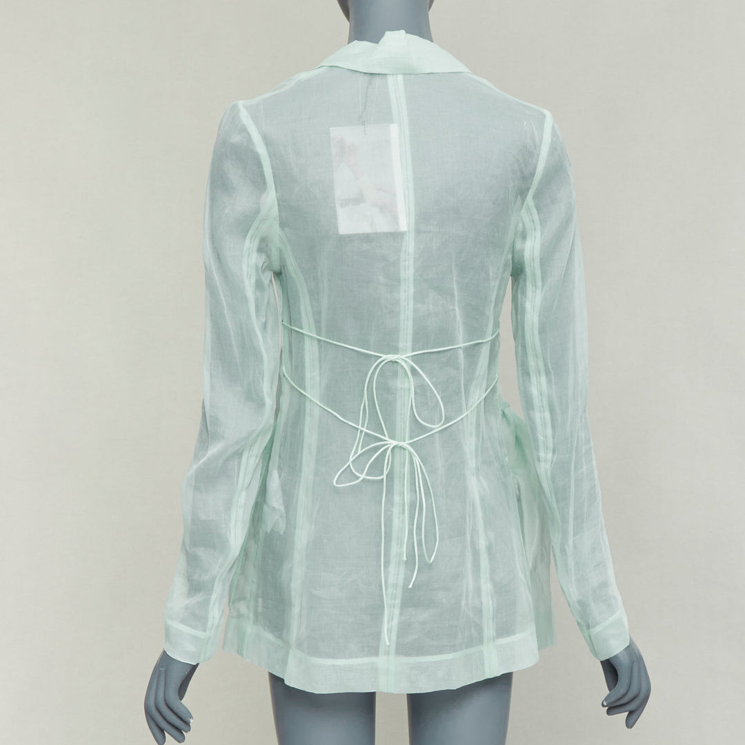 CECILIE BAHNSEN Fisola mint green cotton sheer bow tie waist blazer UK8 S