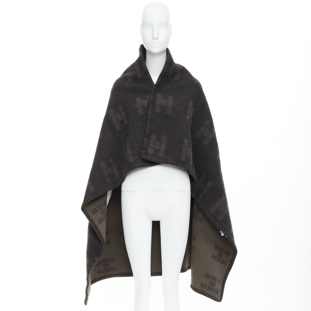 HERMES Vintage dark grey khaki H logo big square throw blanket