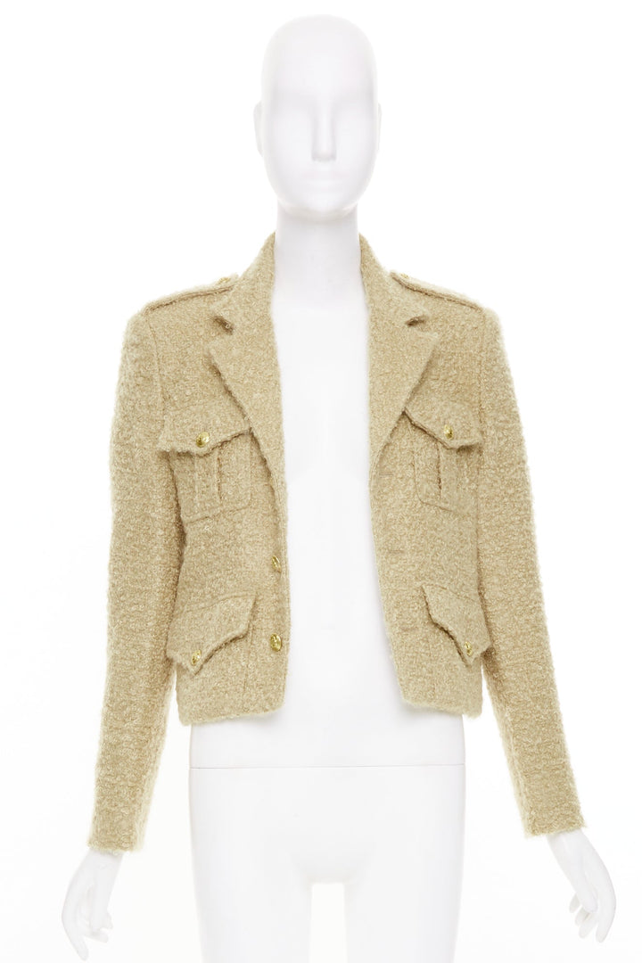 CELINE 2023 Chasseur Jacket beige mohair boucle military crop jacket FR38 M