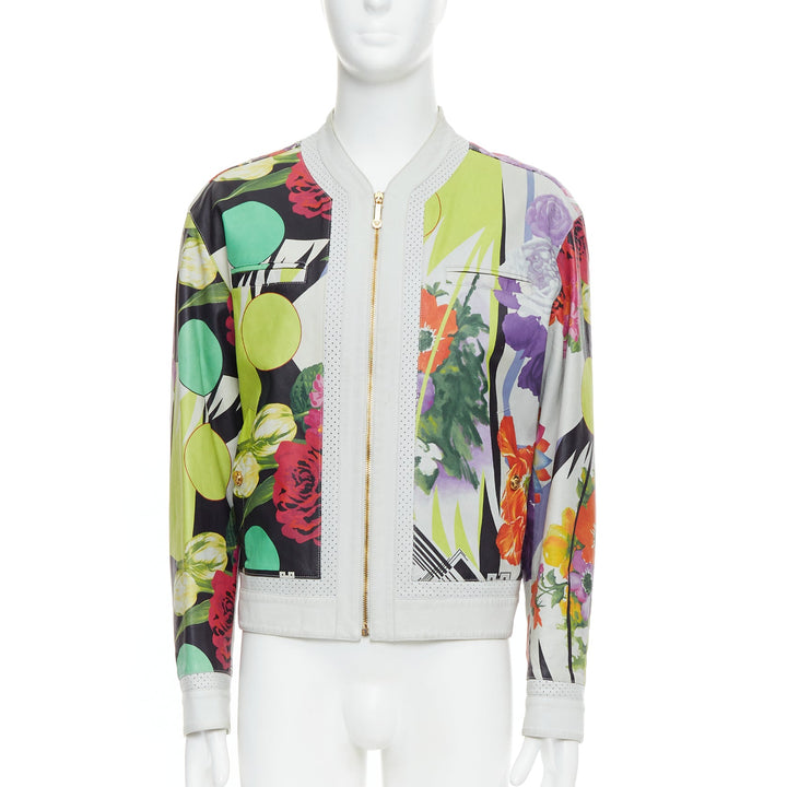 VERSACE 2013 Runway white leather geometric tropical print bomber IT50 L