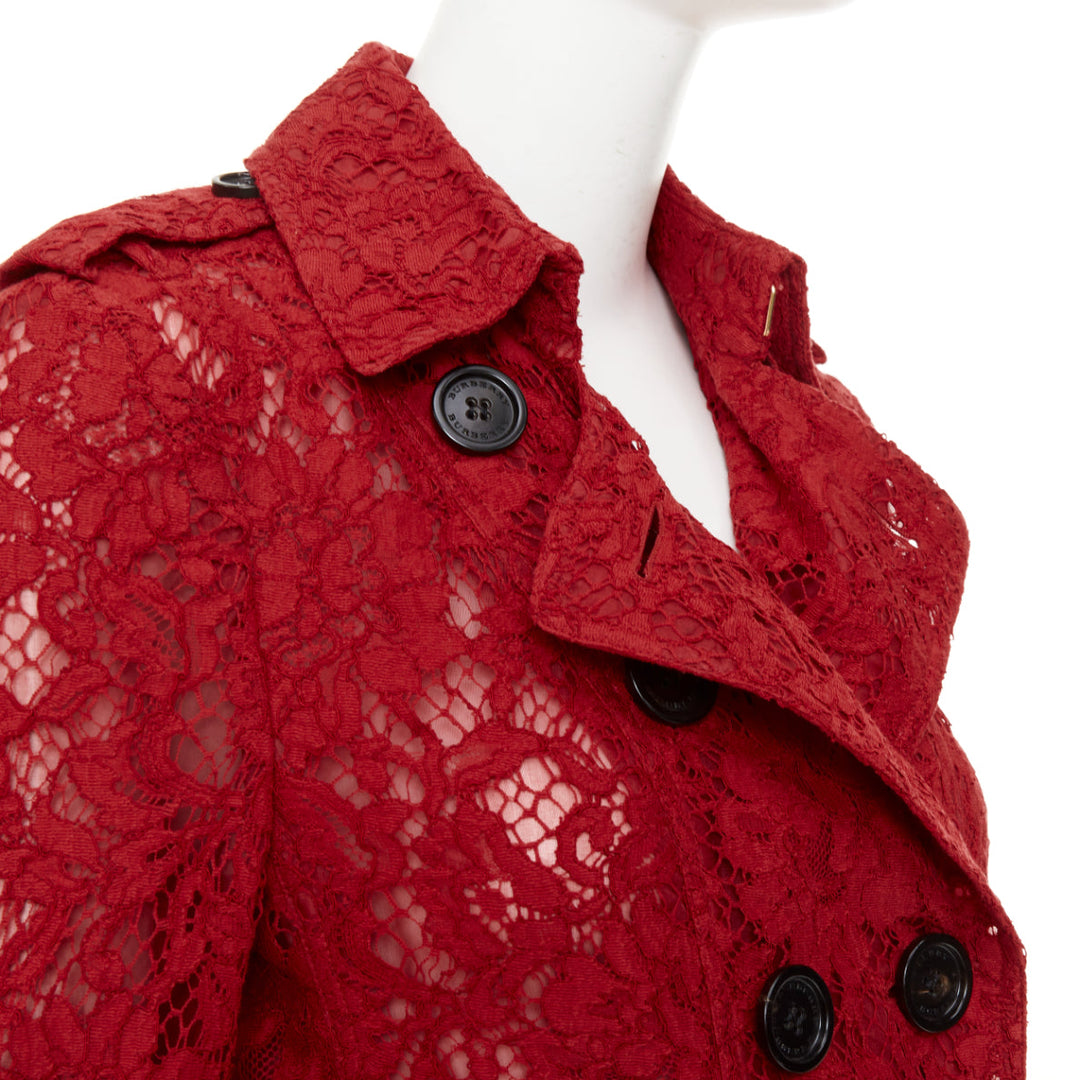 BURBERRY 2016 Kensington red floral lace belted double breasted trench coat