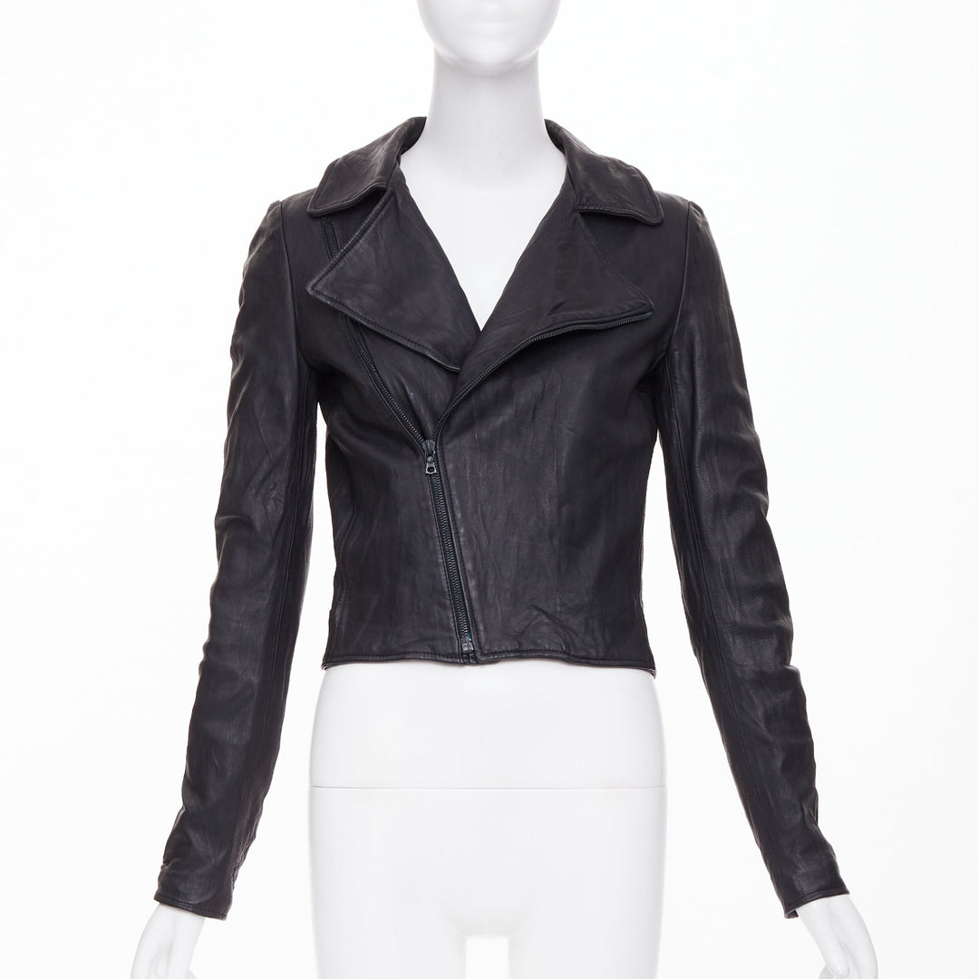 THE ROW 2017 black crinkled lambskin leather minimal biker jacketl XS