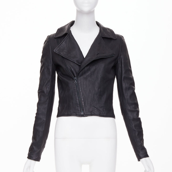 THE ROW 2017 black crinkled lambskin leather minimal biker jacketl XS