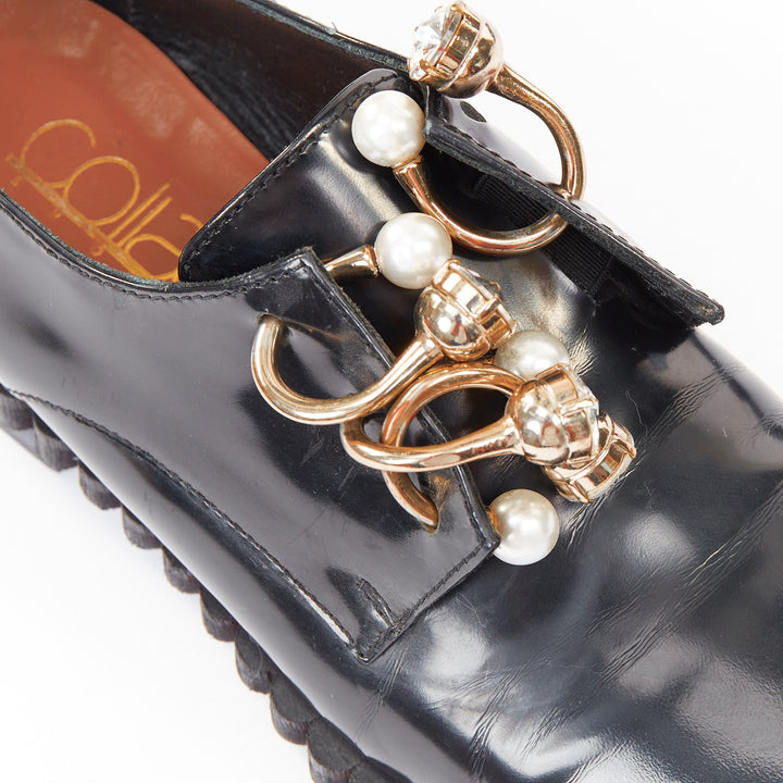 COLIAC Fernanda black pierced leather pearl bar charm dress shoes EU37