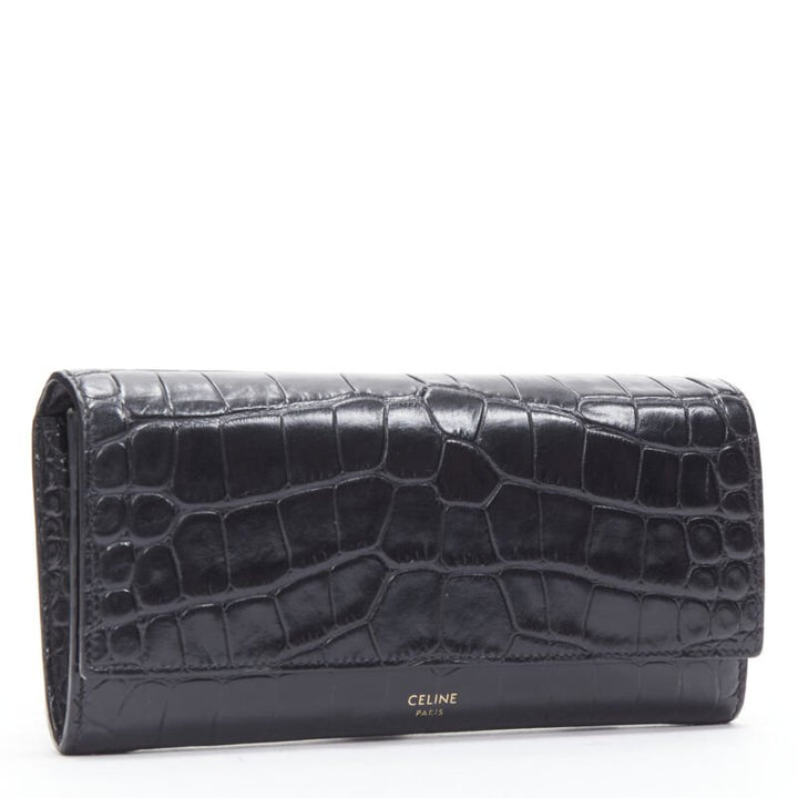 CELINE black scaled leather embossed calfskin flap front long wallet