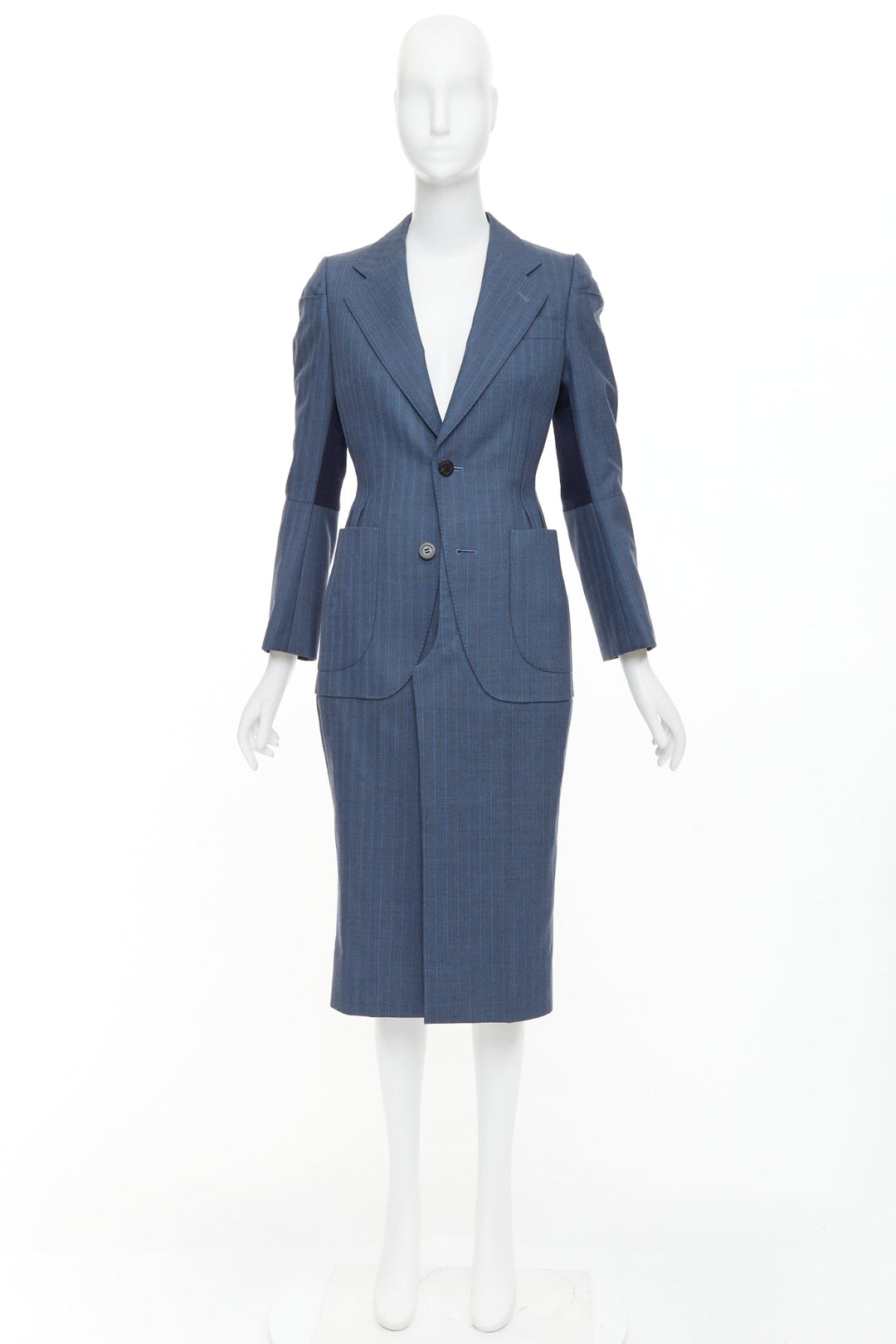 JUNYA WATANABE 2012 Runway blue wool pinstriped tromp loeil seam long coat S