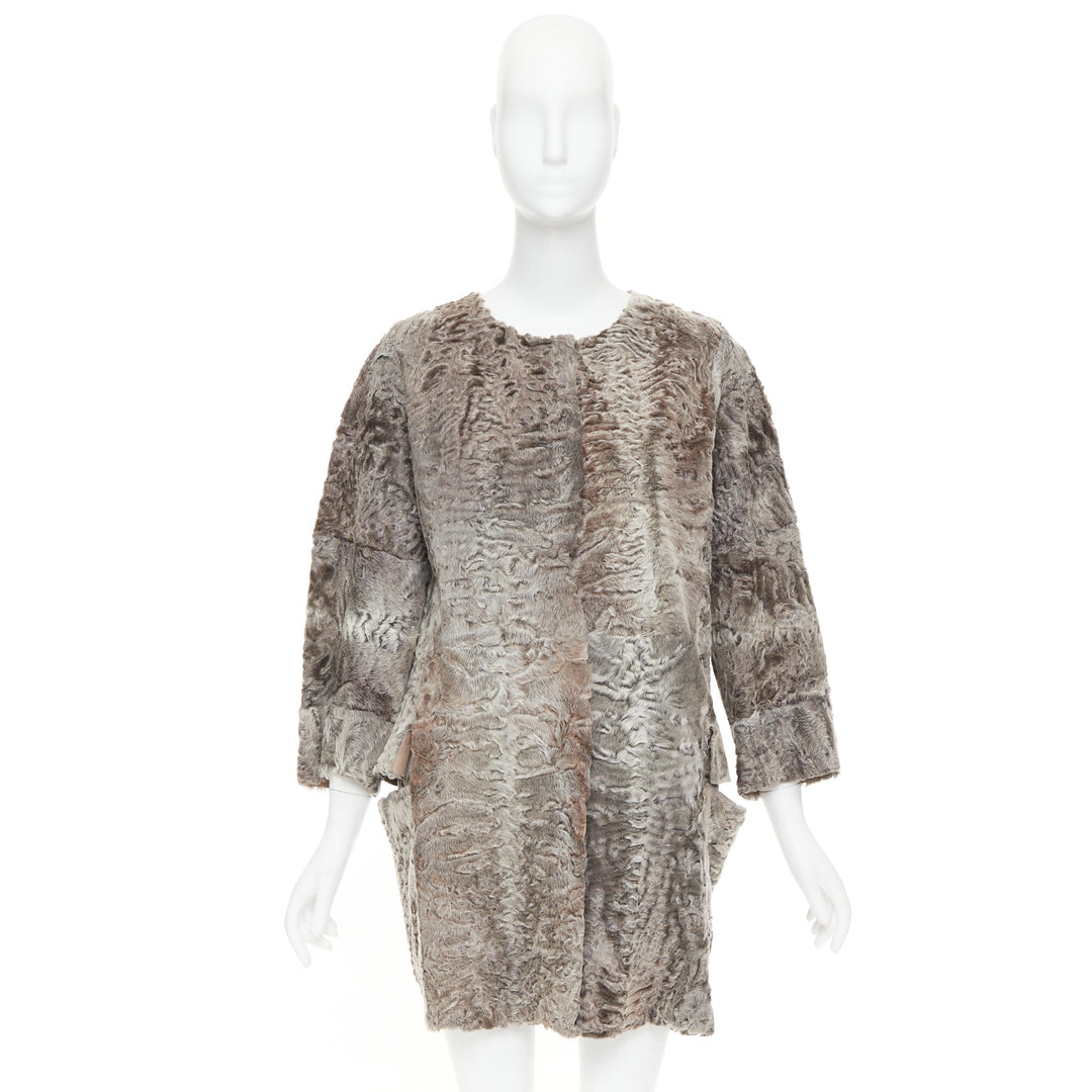 MARNI brown persian lamb astrakan fur cropped sleeve cocoon coat IT40 S