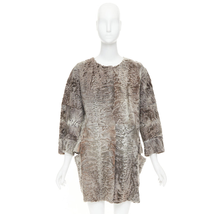 MARNI brown persian lamb astrakan fur cropped sleeve cocoon coat IT40 S