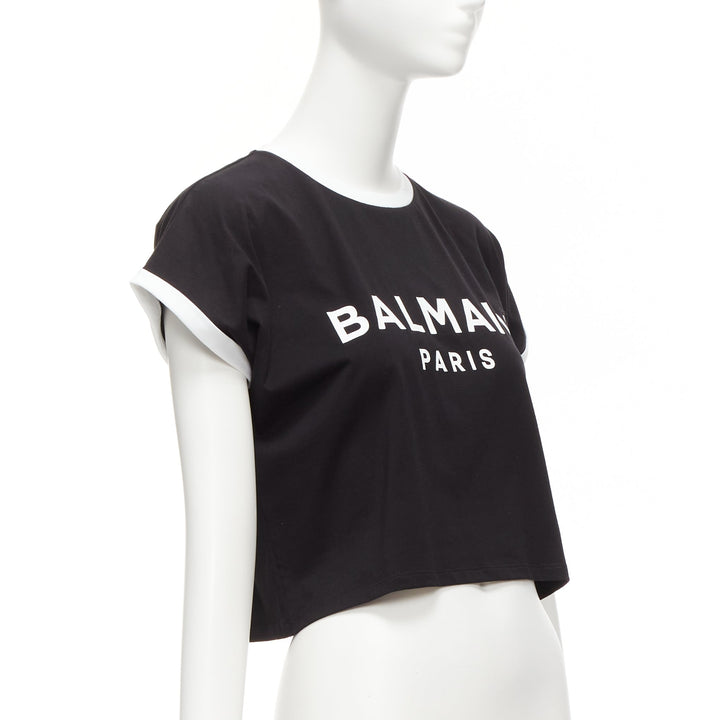 BALMAIN black white logo cap short sleeve ringer cropped tshirt XXS