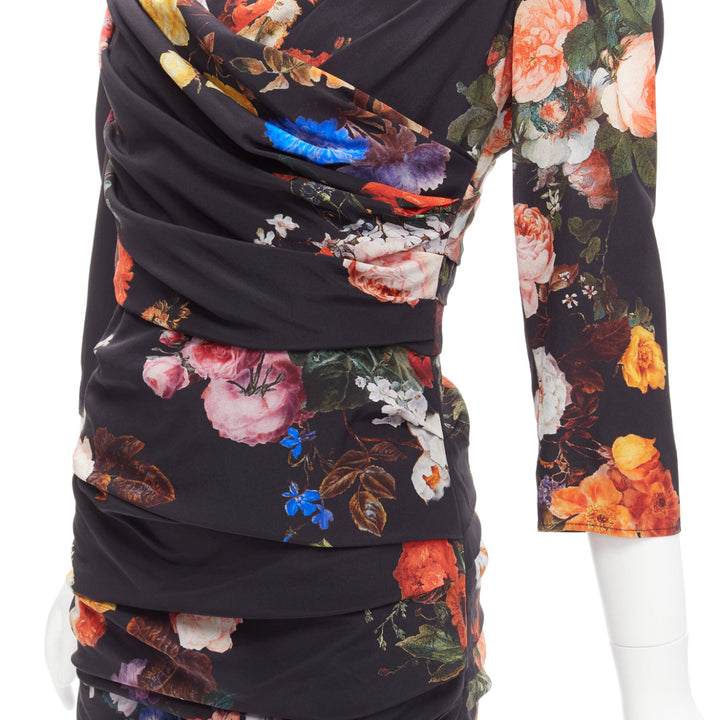 DOLCE GABBANA black multicolour silk blend floral print ruched dress IT42 M