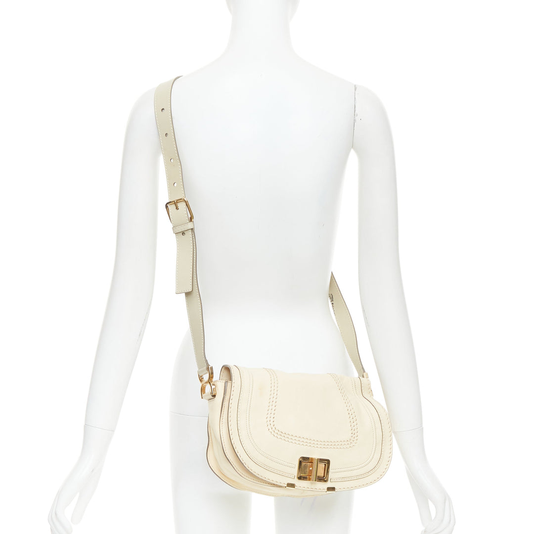 CHLOE Marcie Lock beige leather gold hardware half saddle crossbody bag