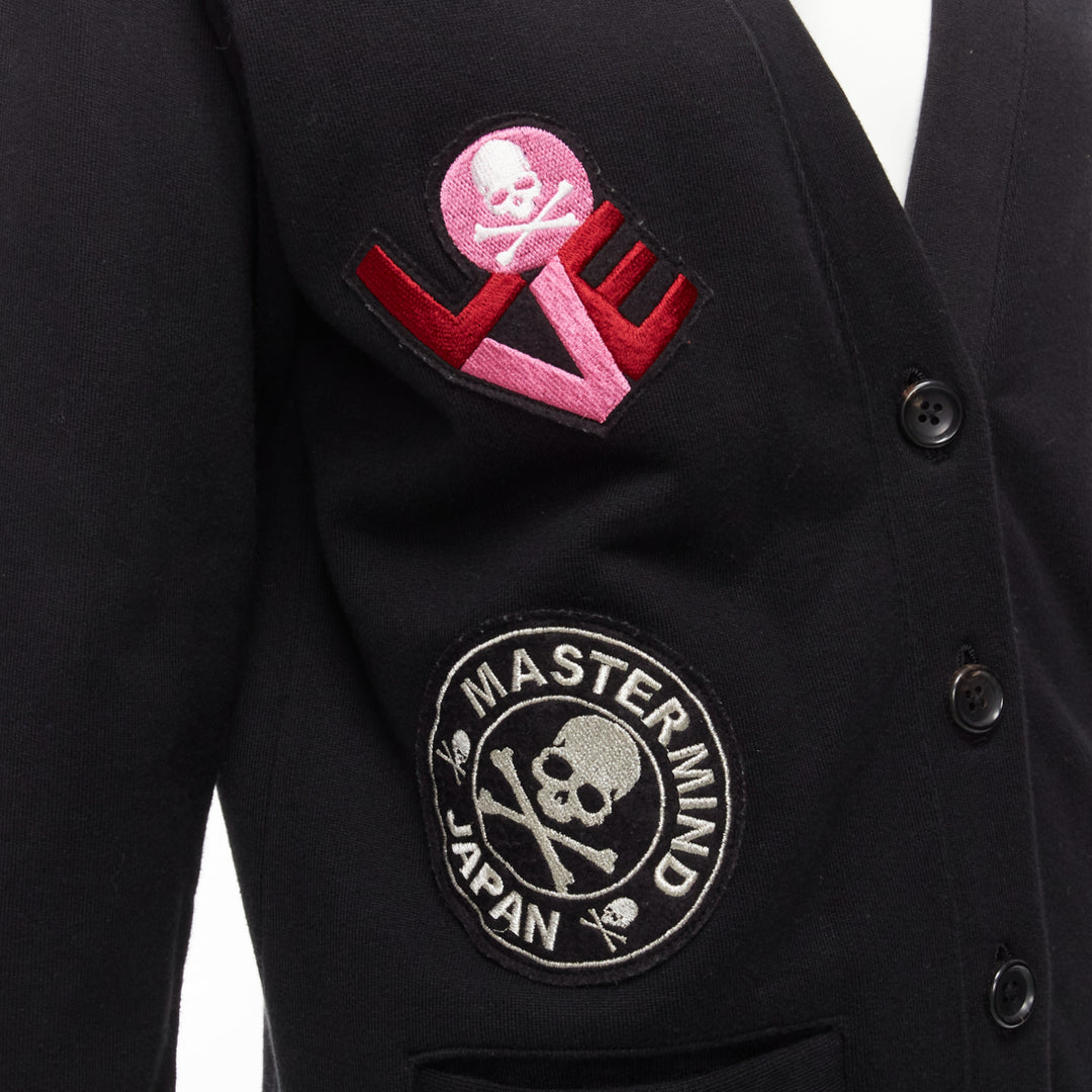 MASTERMIND JAPAN black cotton varsity skull logo patch cardigan sweater JP1 S