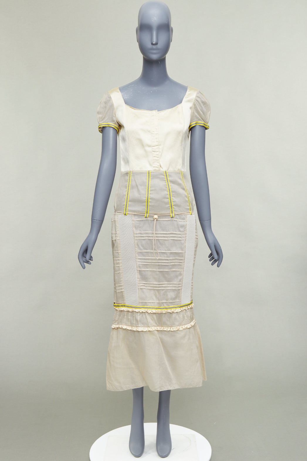 rare MIU MIU 1999 Runway beige technical patchwork satin neon trim dress IT44 L