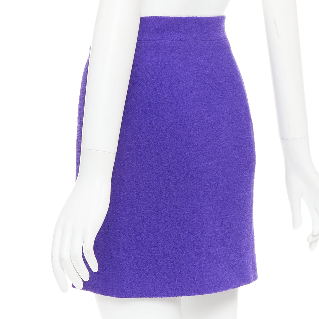 ALESSANDRA RICH royal purple virgin wool boucle front slit mini skirt IT38 XS