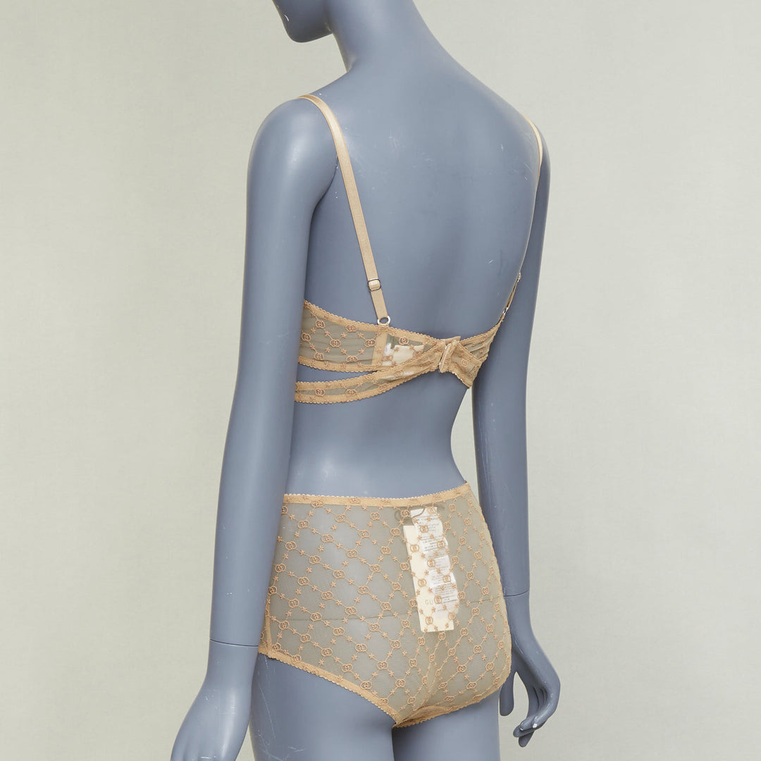 GUCCI Alessandro Michele GG Star nude monogram embroidered tulle lingerie set S