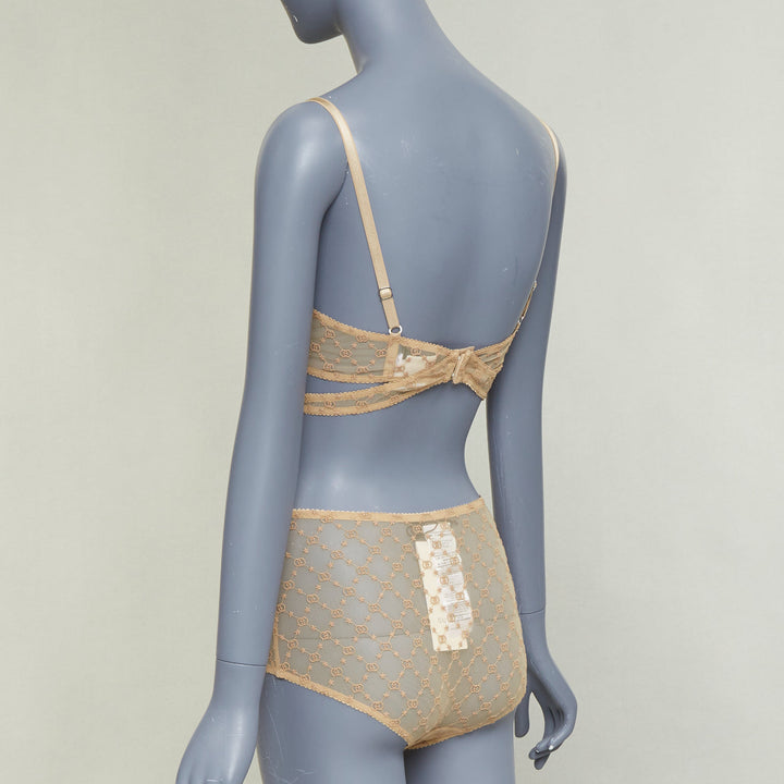 GUCCI Alessandro Michele GG Star nude monogram embroidered tulle lingerie set S