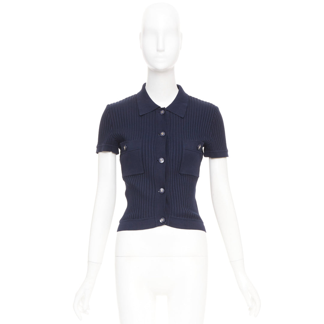 CHANEL 1997 Vintage navy cc logo button pocket collared polo knitwear top FR36 S