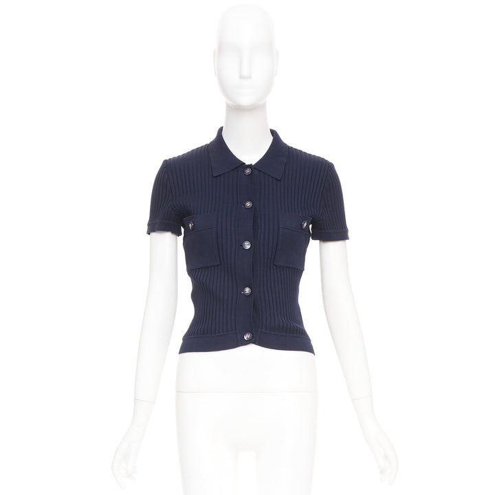 CHANEL 1997 Vintage navy cc logo button pocket collared polo knitwear top FR36 S