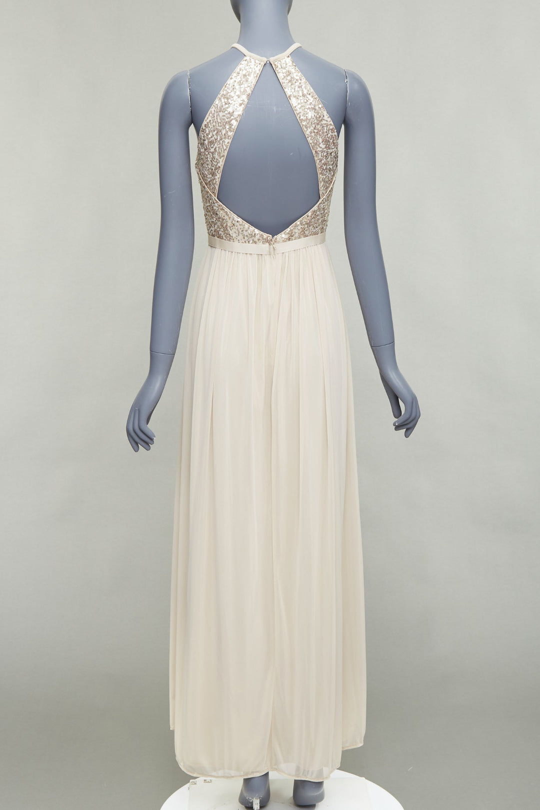 DAVID'S BRIDAL champagne sequin bodice halter ruched goddess dress US0 XS