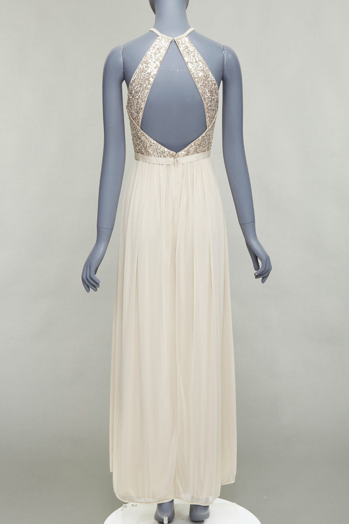 DAVID'S BRIDAL champagne sequin bodice halter ruched goddess dress US0 XS