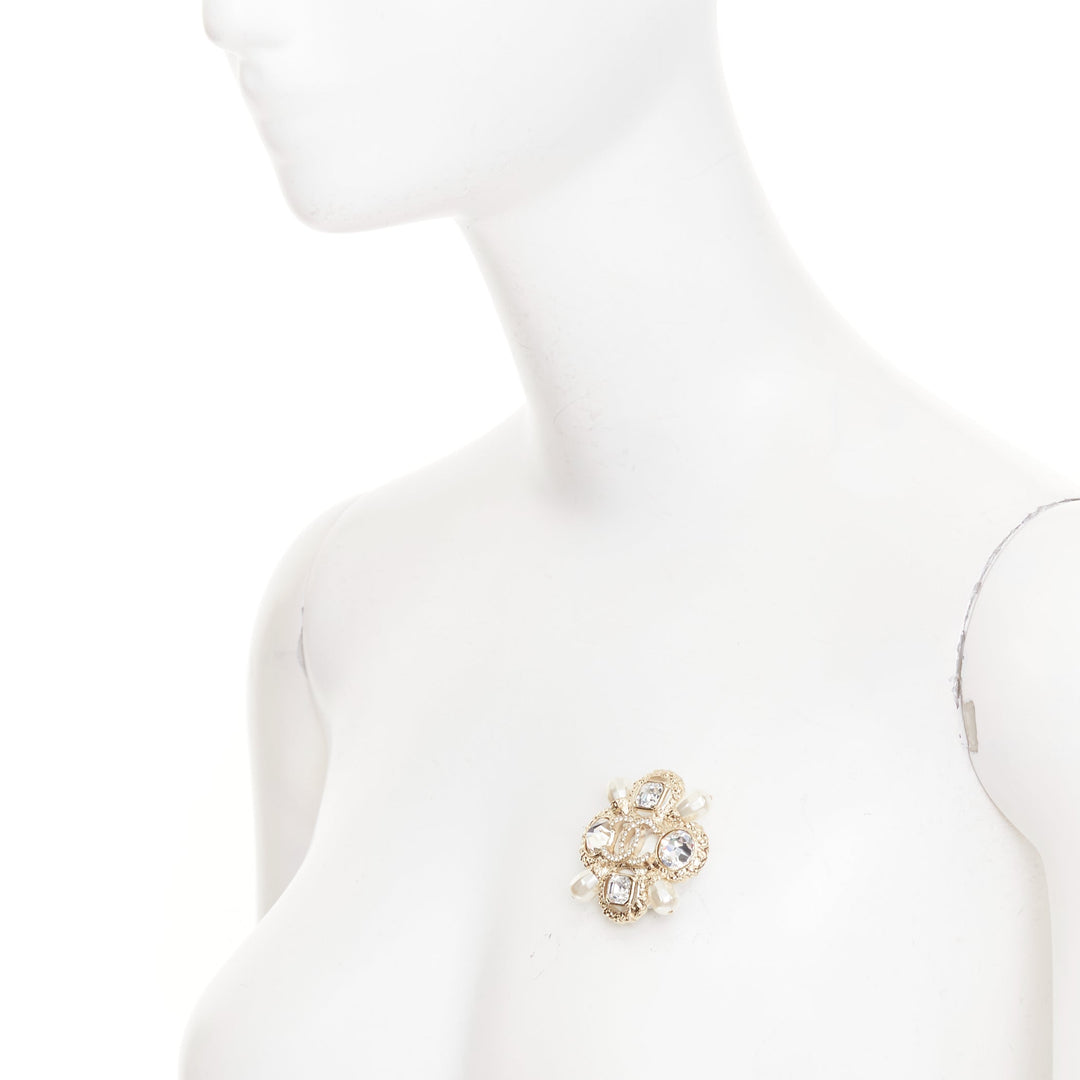 CHANEL F22C champagne gold tone CC logo crystal pearl quadrant cluster brooch