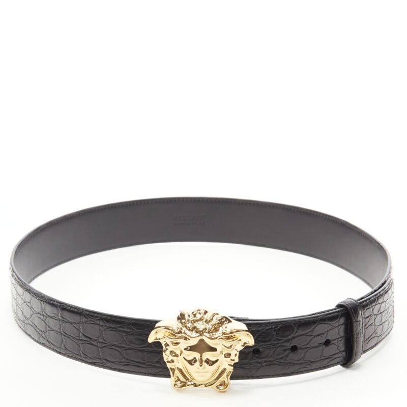 VERSACE $1200 La Medusa gold buckle black scaled leather belt 80cm 30-34"