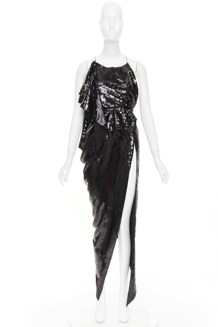 rare ALEXANDRE VAUTHIER COUTURE SS2022 Runway black sequin drape high slit dress