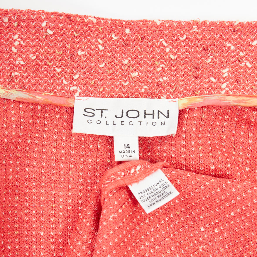 ST JOHN COUTURE light red textured boucle tweed gold button jacket US14 3XL