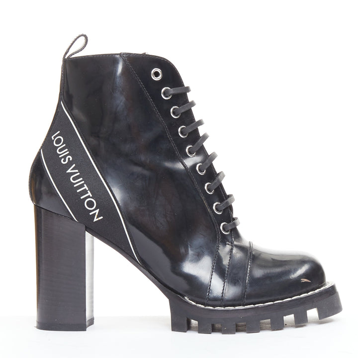 LOUIS VUITTON Star Trail black shiny leather logo tape army ankle boots EU40